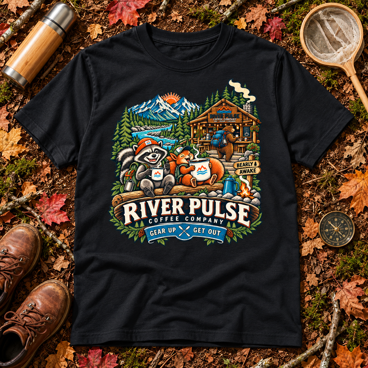 A black graphic t-shirt laid flat on a bed of autumn leaves, moss, and outdoor gear. The shirt features a colorful illustration of a raccoon and a fox camping by a lake with a cabin, mountains, and the text 'RIVER PULSE COFFEE COMPANY' and 'GEAR UP GET OUT'.