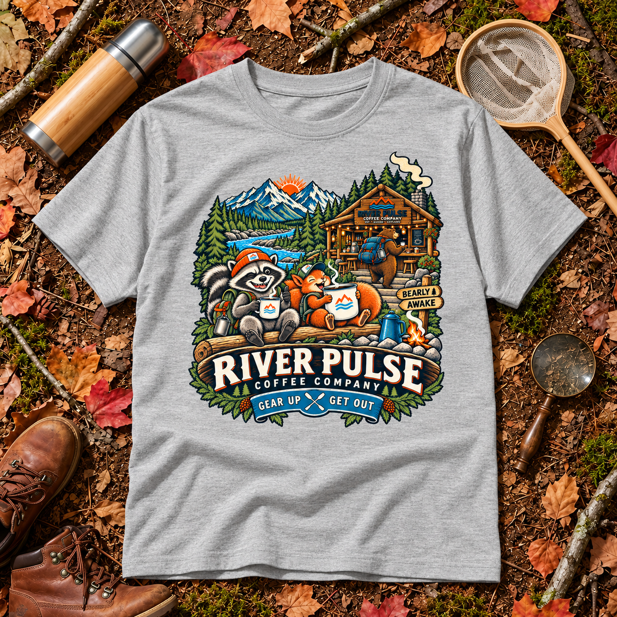 A heather gray short-sleeve T-shirt laid flat on a forest floor with autumn leaves, a thermos, a wooden paddle, and a small tool. The shirt features a large colorful front graphic of a raccoon, bear, fox, cabin, mountains, and the text 'RIVER PULSE COFFEE COMPANY' with 'GEAR UPGET OUT'.