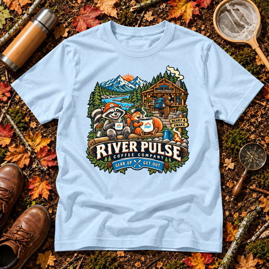 A light blue graphic t-shirt laid flat on a forest floor surrounded by autumn leaves, a thermos, a magnifying glass, and brown boots. The t-shirt features a detailed graphic of raccoons, a cabin, mountains, and the text 'RIVER PULSE COFFEE COMPANY GEAR UP & GET OUT'.