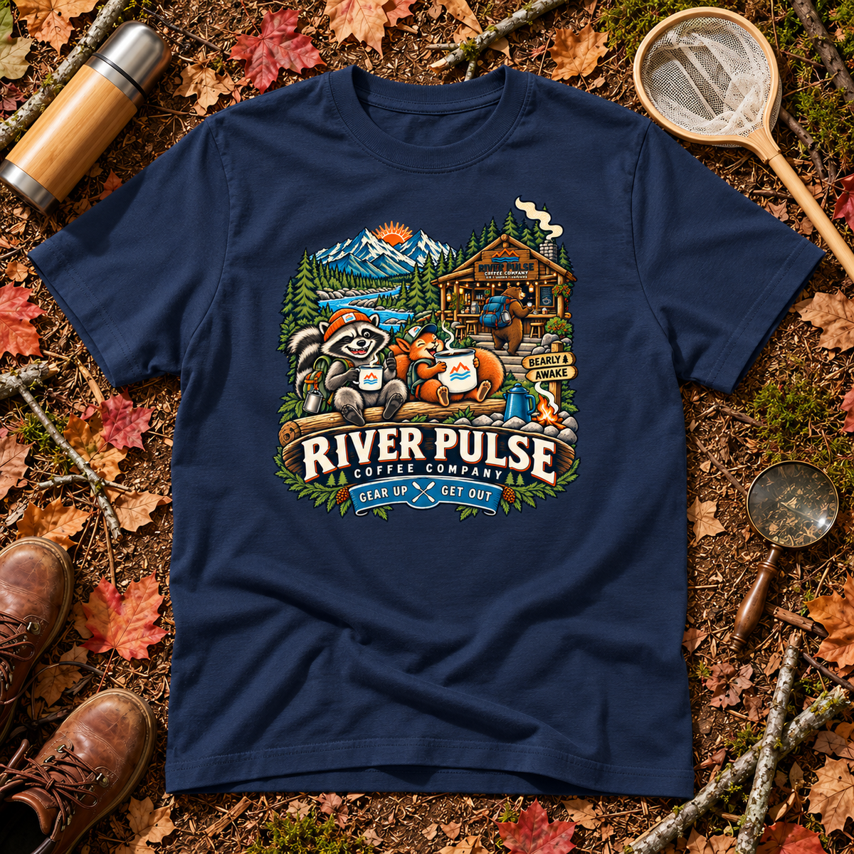 A navy blue graphic t-shirt laid flat on a forest floor with autumn leaves, a thermos, a magnifying glass, and hiking boots around it. The t-shirt features a colorful illustration of a raccoon and campfire scene with the text 'RIVER PULSE COFFEE COMPANY' and 'GEAR UP GET OUT' printed on the front.