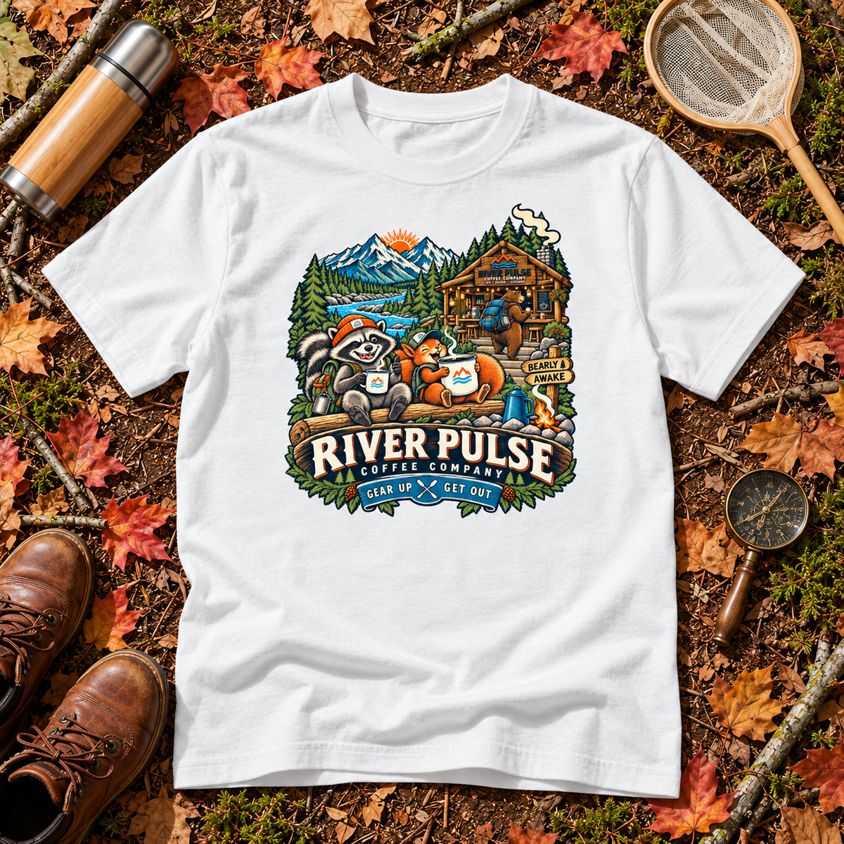 A white short-sleeve graphic T-shirt laid flat on a forest floor surrounded by autumn leaves, with a thermos, shoes, net, and compass nearby. The shirt features a colorful illustrated front print of raccoons, a cabin, mountains, and the text 'RIVER PULSE COFFEE COMPANY' and 'GEAR UP GET OUT'.